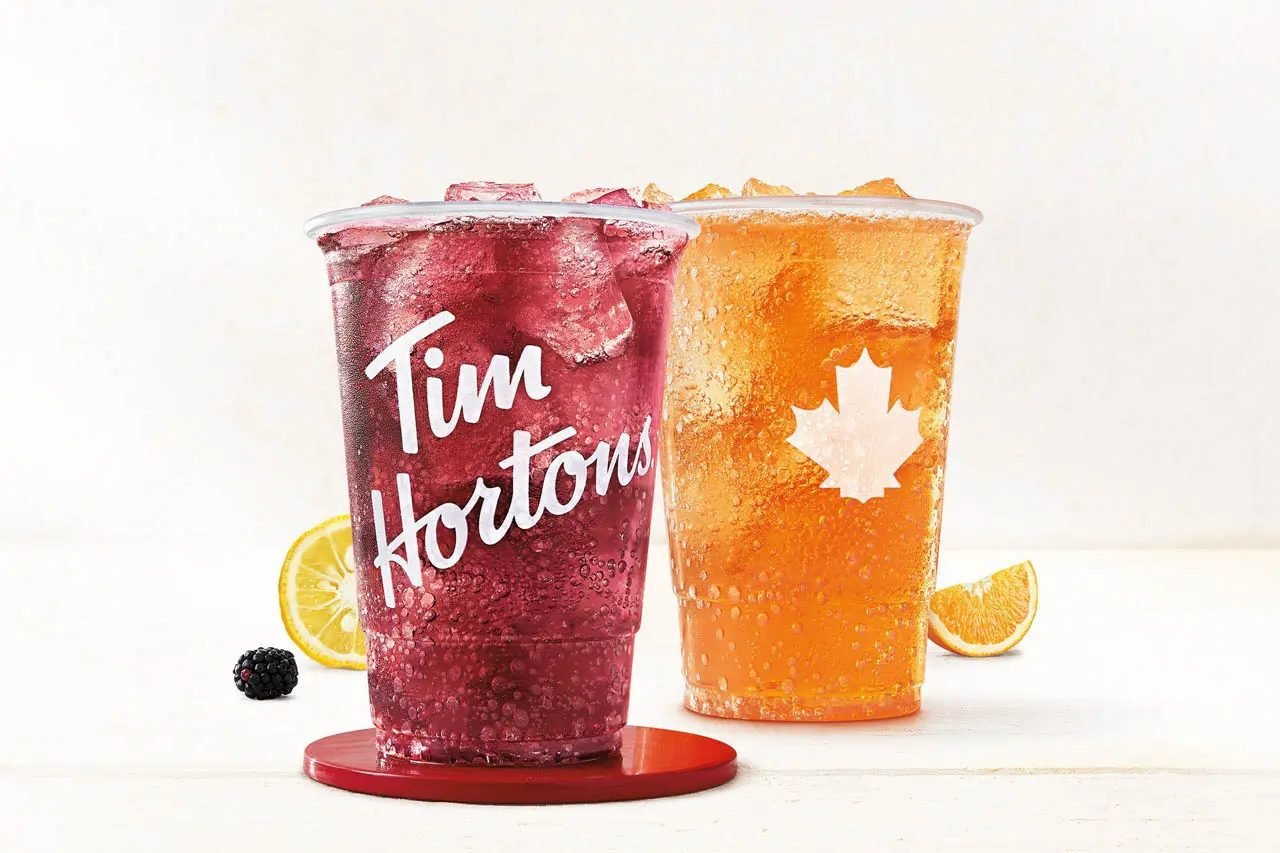 Photo of Tim Hortons sparkling quenchers with ice, blackberry and orange flavours