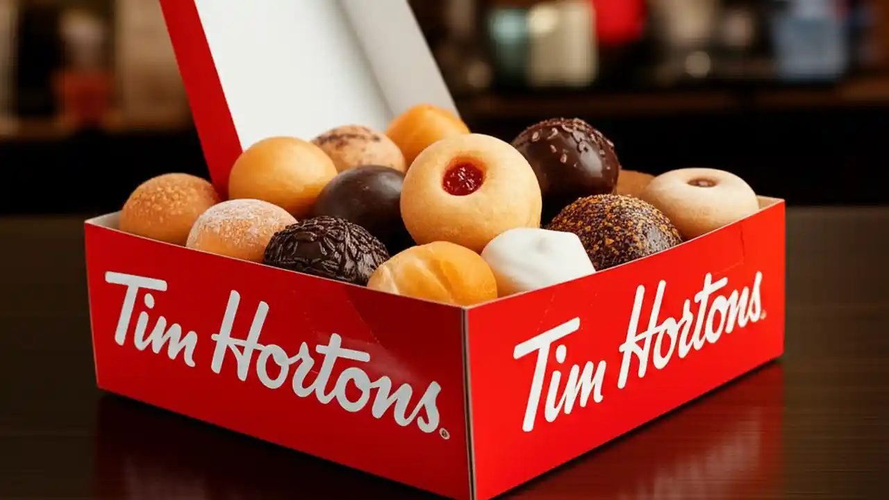 Photo of a box of assorted Timbits at Tim Hortons
